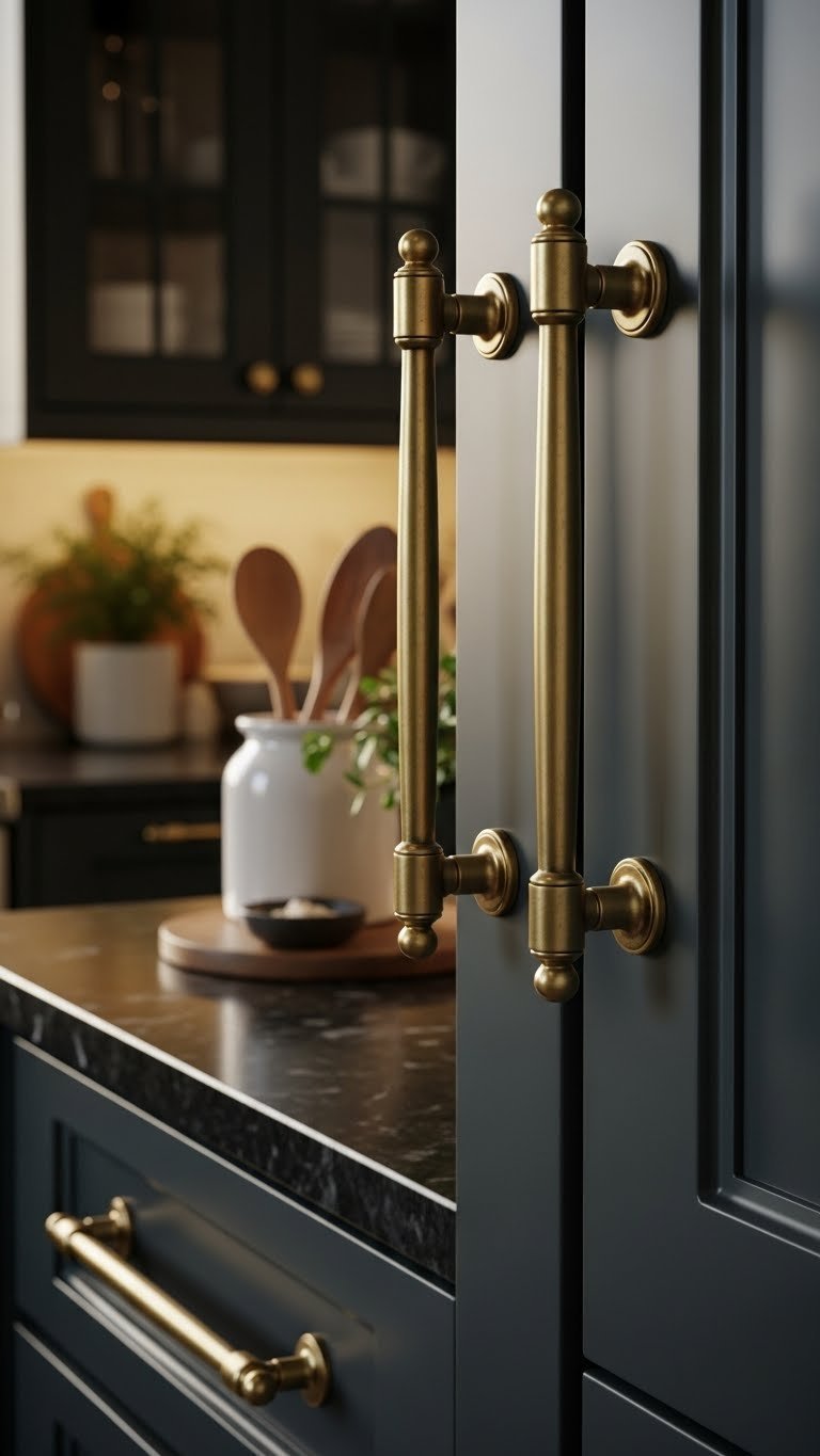 Antique brass bar pulls and T-knobs on dark green cabinets with warm golden hour lighting against honed black granite countertop.