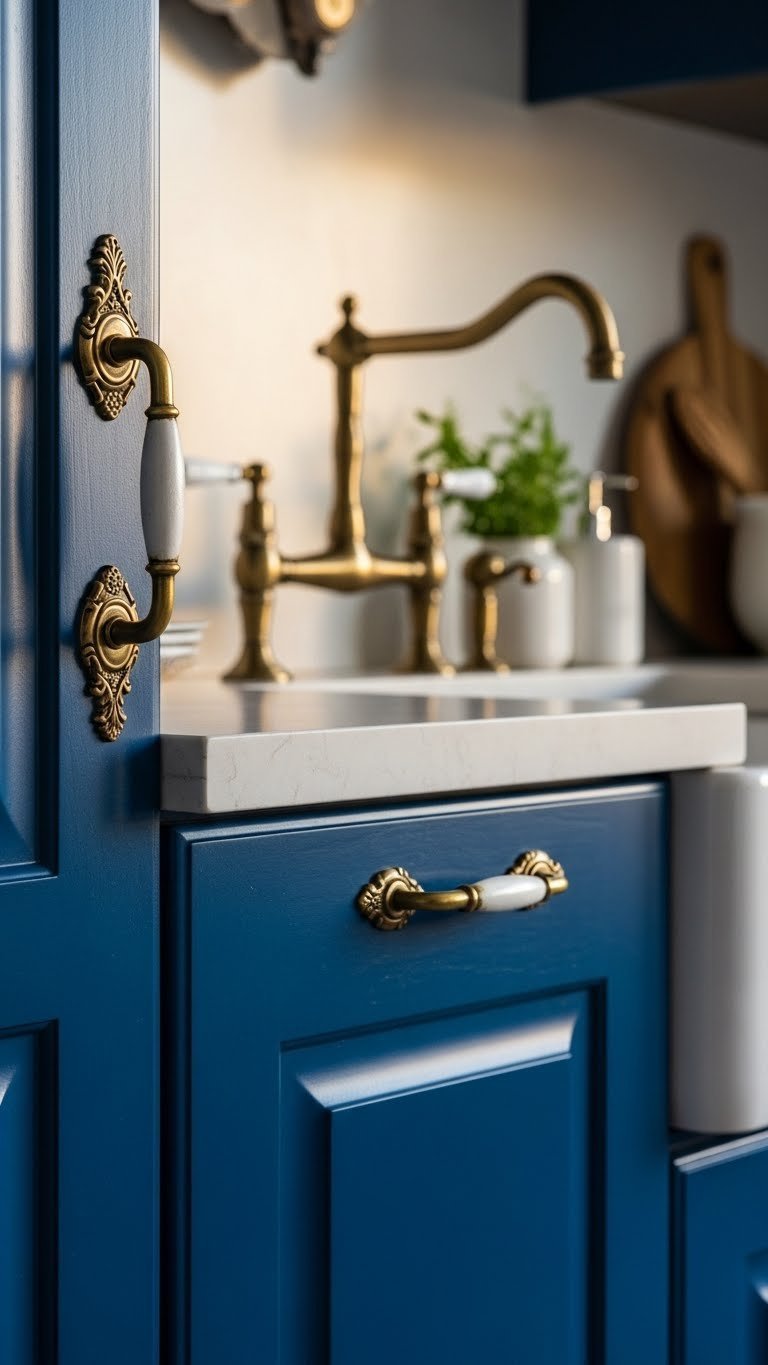 Antique brass cabinet pull and faucet against indigo blue cabinets with subtle patina details