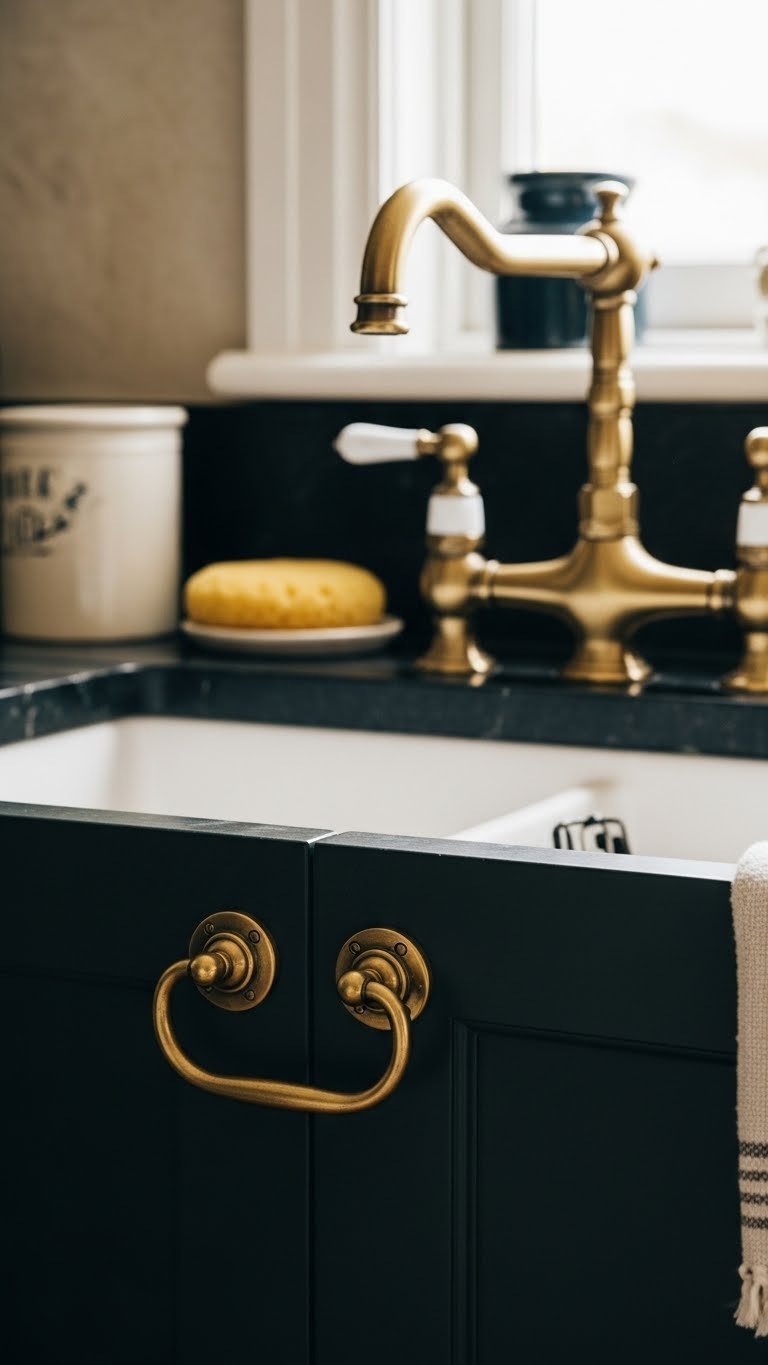 Antique brass cabinet pull and faucet on dark green cabinet, stone counter. Soft light, aged metal detail, dark cottagecore kitchen.