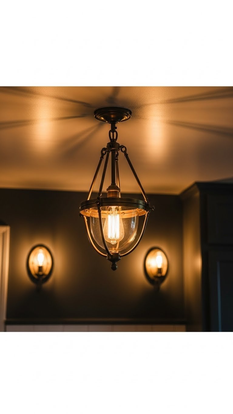 Antique brass ceiling fixture and wall sconces, Edison bulbs, warm golden glow in dark kitchen. Cozy layered lighting design.