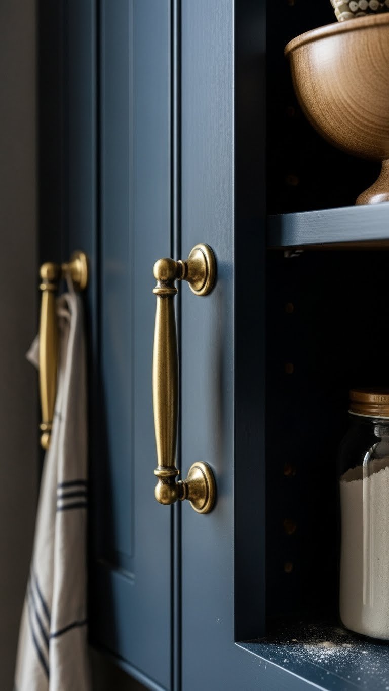 Dark French Country Kitchen Aesthetic: 7 Design Secrets 5 Antique brass knob & coordinating pull on a deep blue French country kitchen cabinet, showing patina and age, natural wood tones.