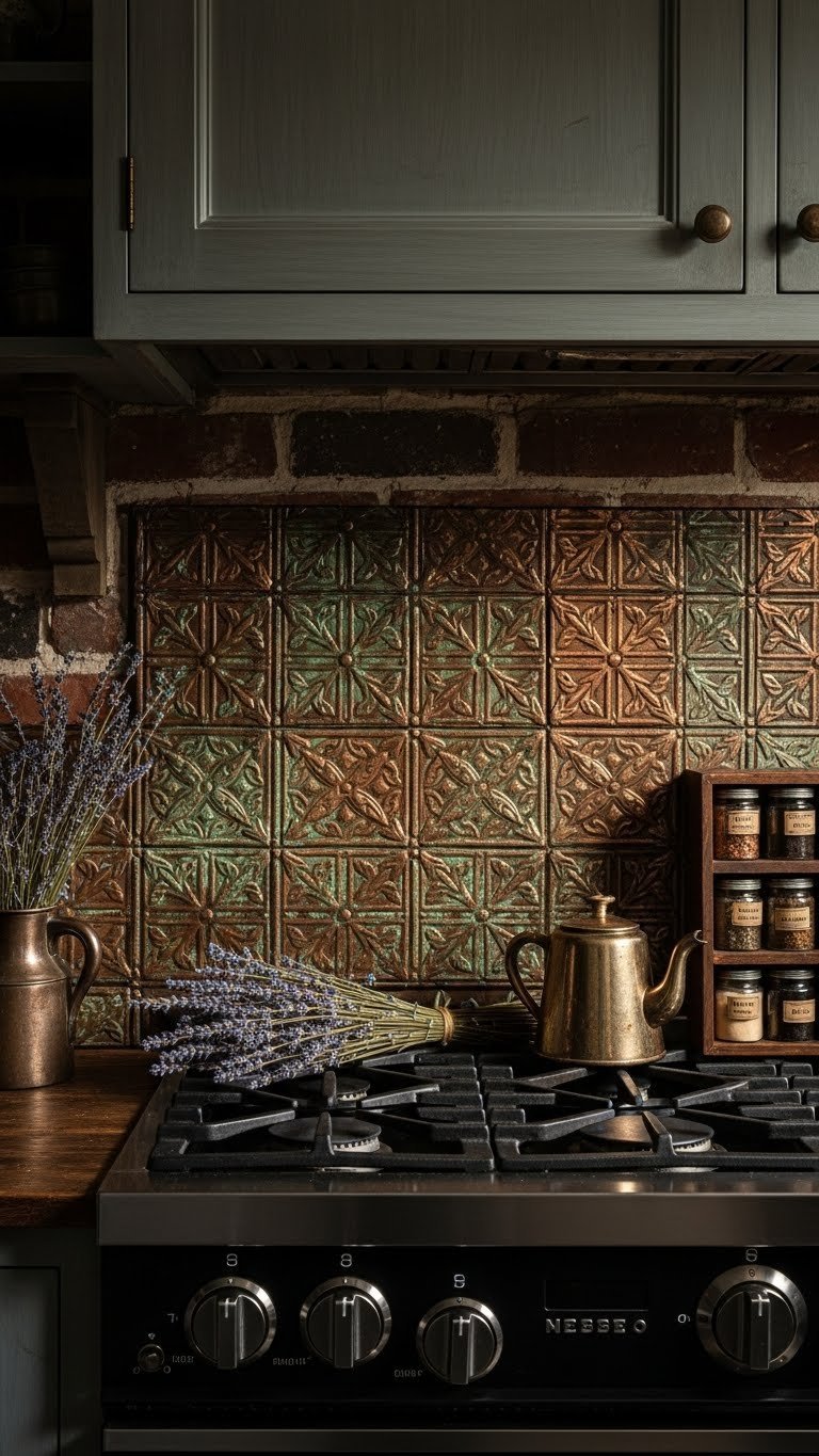 Antique copper ceiling tile backsplash with intricate embossed patterns and rich patina in elegant kitchen setting