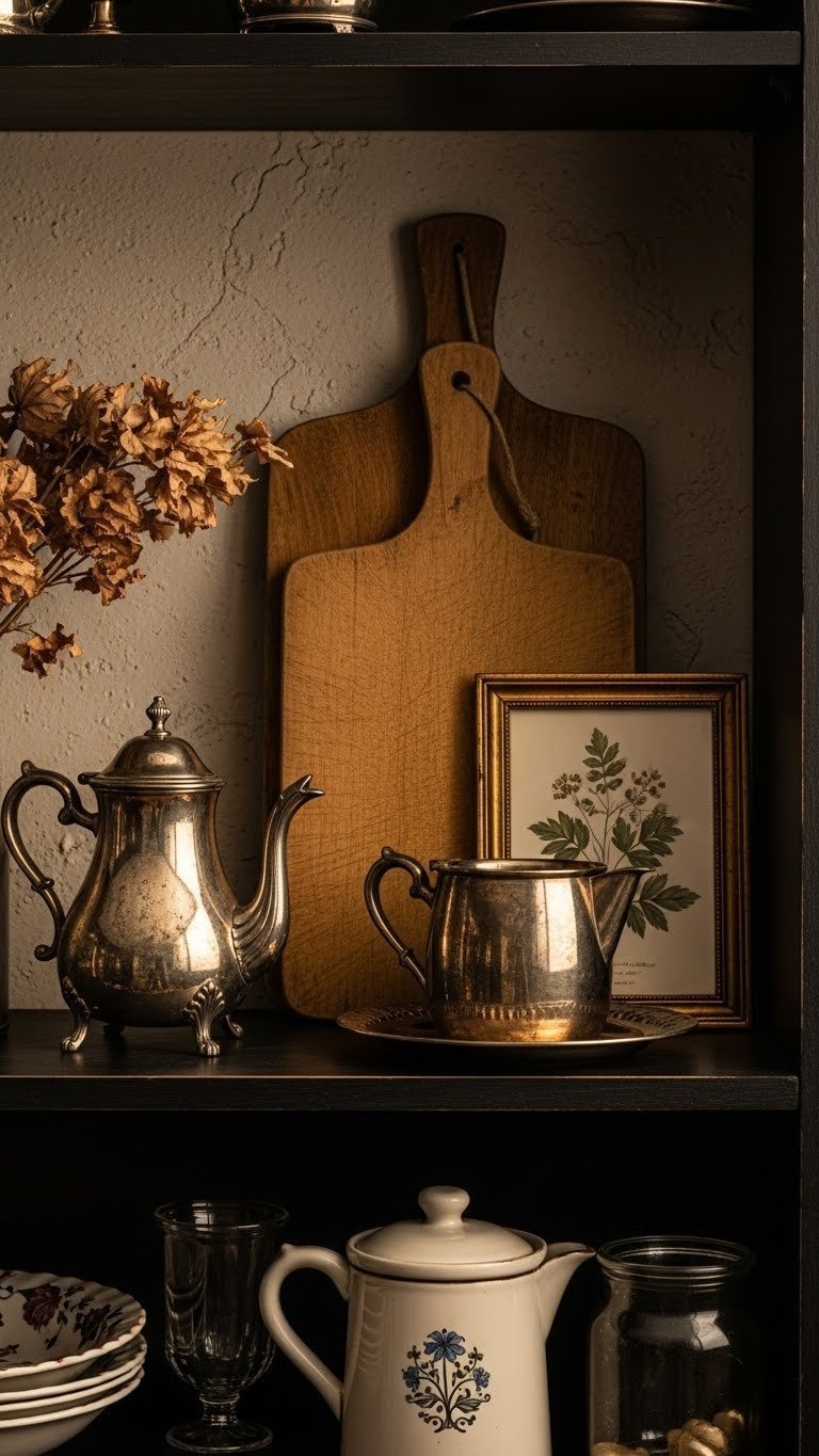 Antique kitchen finds on a dark open shelf: tarnished silver tea set, vintage cutting board, framed botanical print. Cozy eclectic styling.