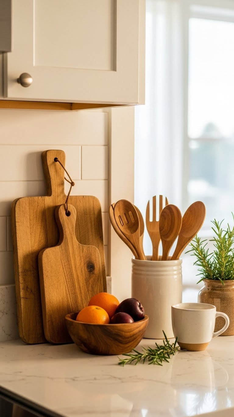 Apartment kitchen counter with natural wood accents including cutting board, wooden bowl with fruits, and rustic ceramic utensil holder.