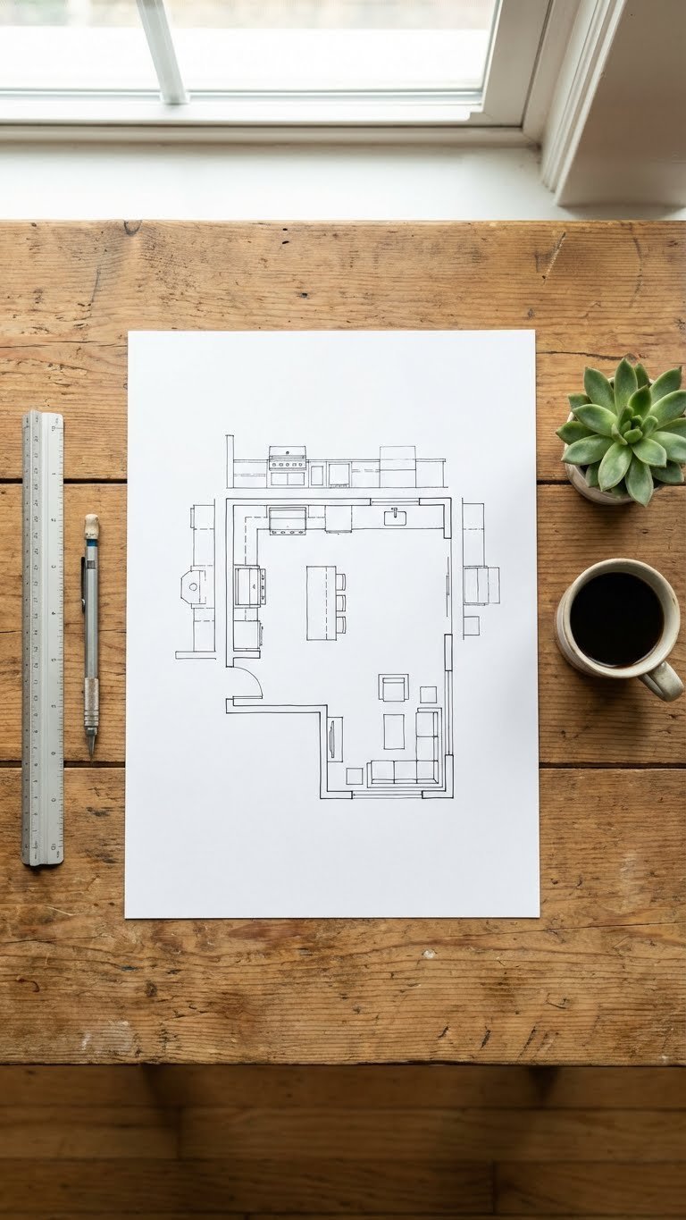 Outdoor Kitchen Rooftop Complete Planning Design Guide 3 Architectural sketch flat lay showing rooftop kitchen layout with drafting tools on rustic wooden table surface