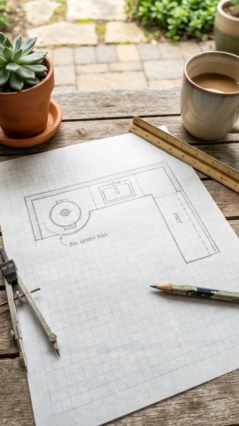 Outdoor Kitchen With Green Egg Design Build Cost Guide 1 Architectural sketch of L-shaped outdoor kitchen with zones for Big Green Egg, sink, and prep area on grid paper with drafting tools
