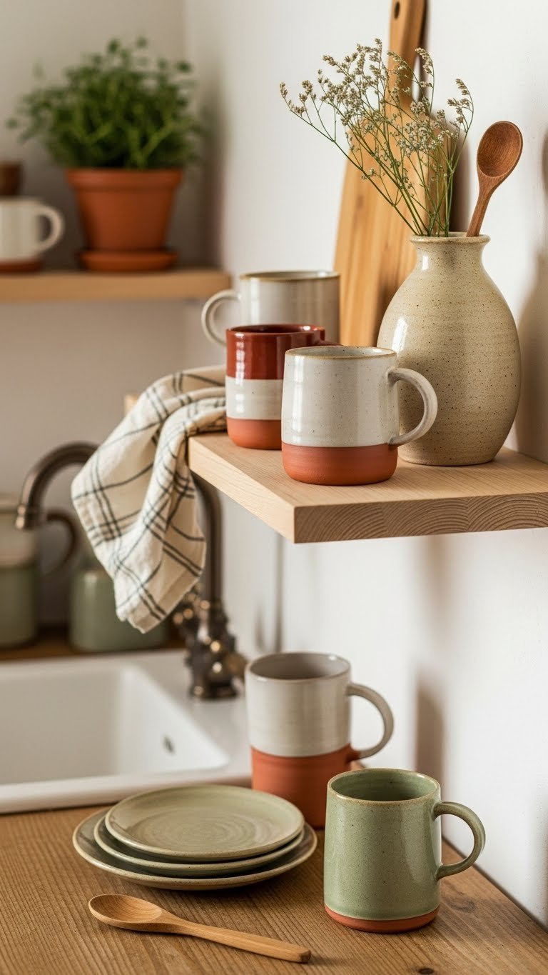 Artfully arranged handcrafted ceramic mugs, plates, and vase on light wooden floating shelf in kitchen