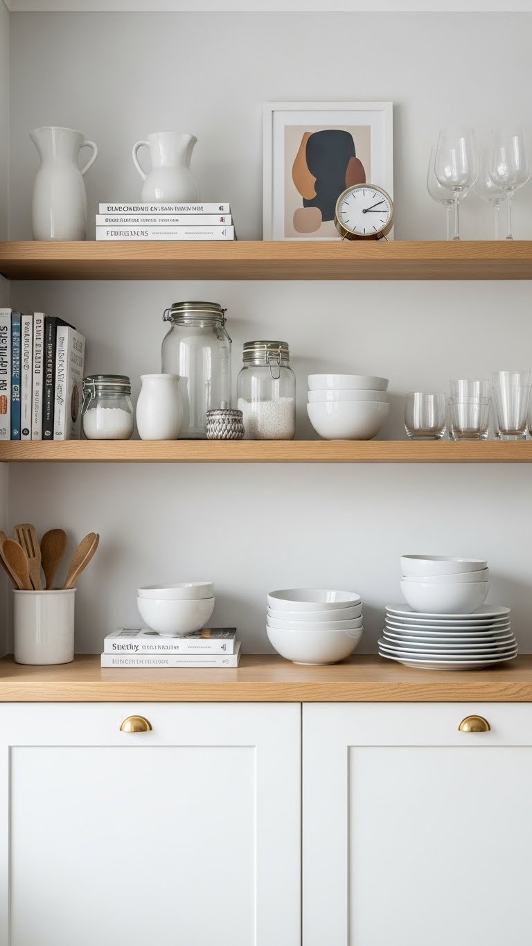 Artfully curated scandi kitchen shelves with uniformly colored cookbooks, vases, and stacked dishes arranged by height and color