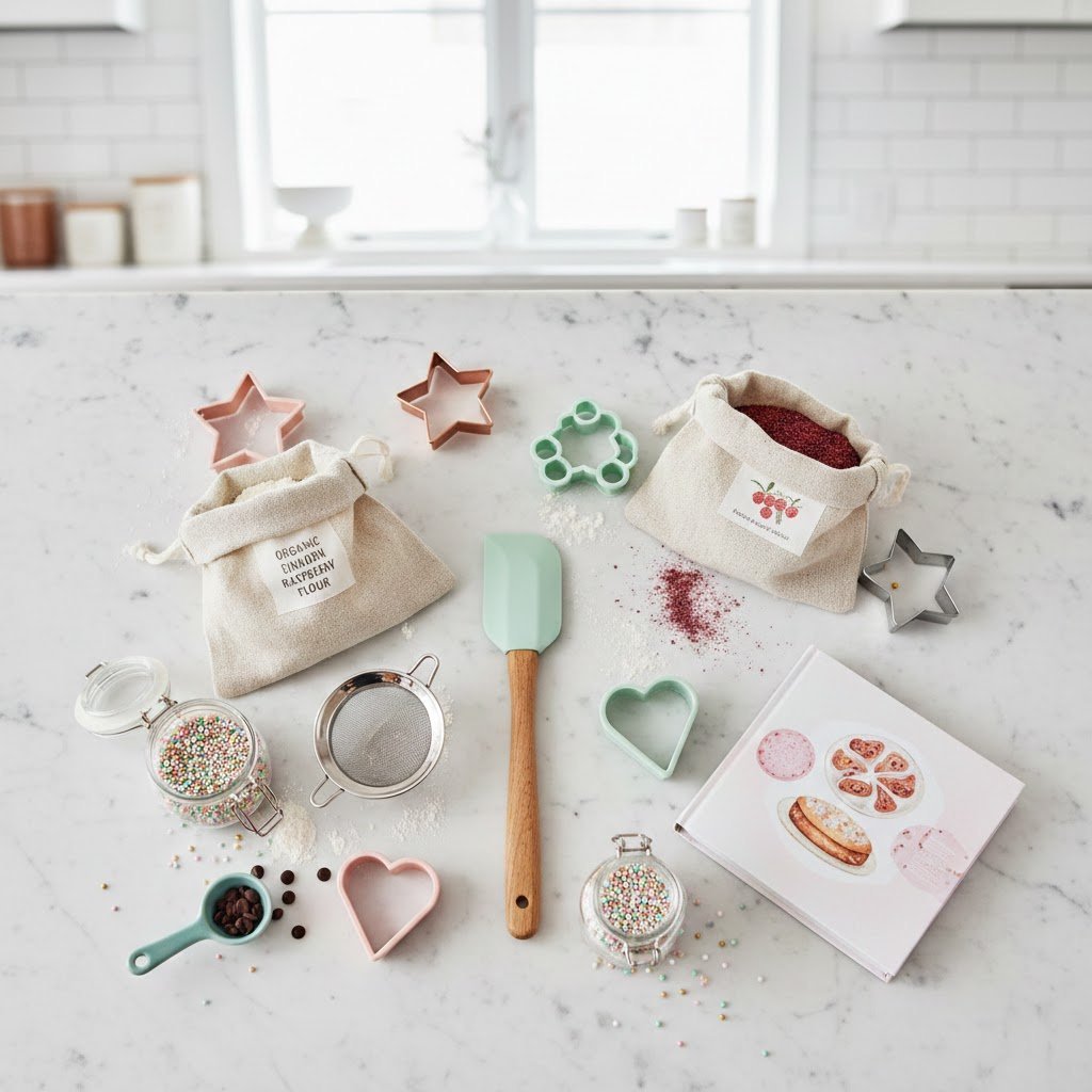 Artisan baker's gift basket featuring baking tools, specialty flours, sprinkles, and cookbook on marble countertop