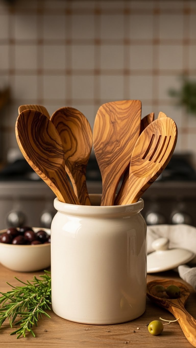 Artisan olive wood spoons and spatulas resting in rustic ceramic crock with rich grain patterns and rosemary sprig on wooden table