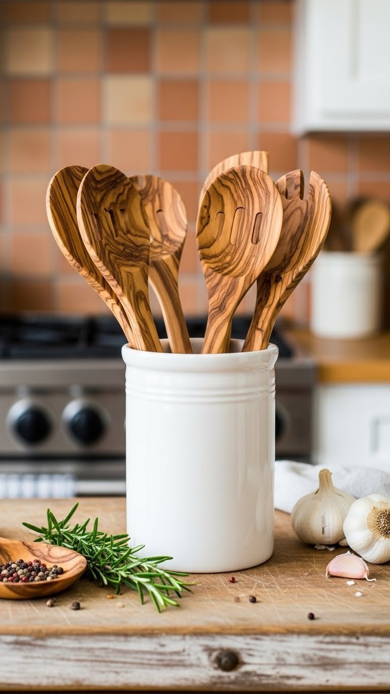 Artisan olive wood utensil set in rustic ceramic holder on butcher block countertop with rosemary garnish