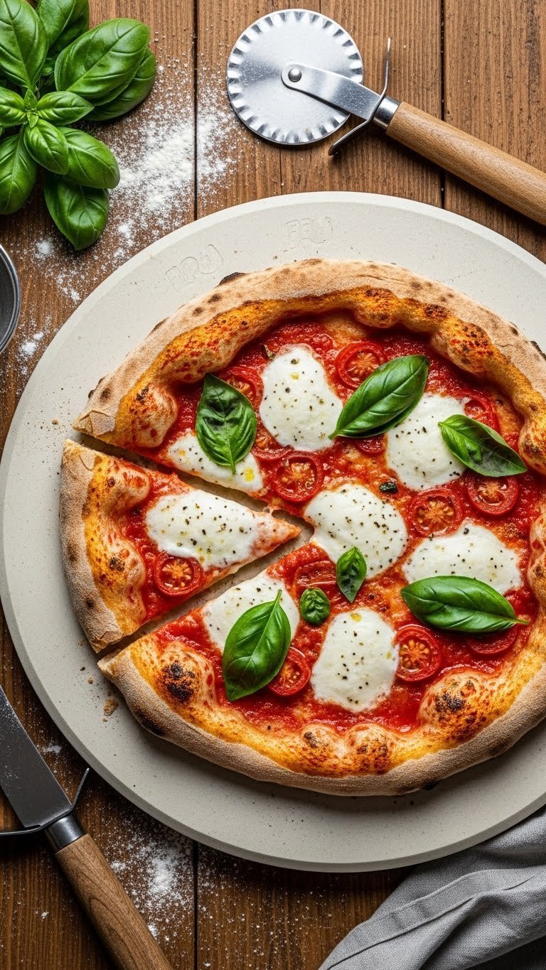Artisan pizza with fresh mozzarella and basil on pizza stone ready for serving