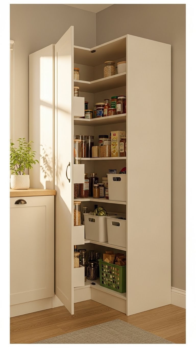 Diy Kitchen Pantry Ideas: 7 Essential Storage Solutions 11 Attractive freestanding pantry cabinet in a kitchen corner, highlighting its simple design and organized interior storage.