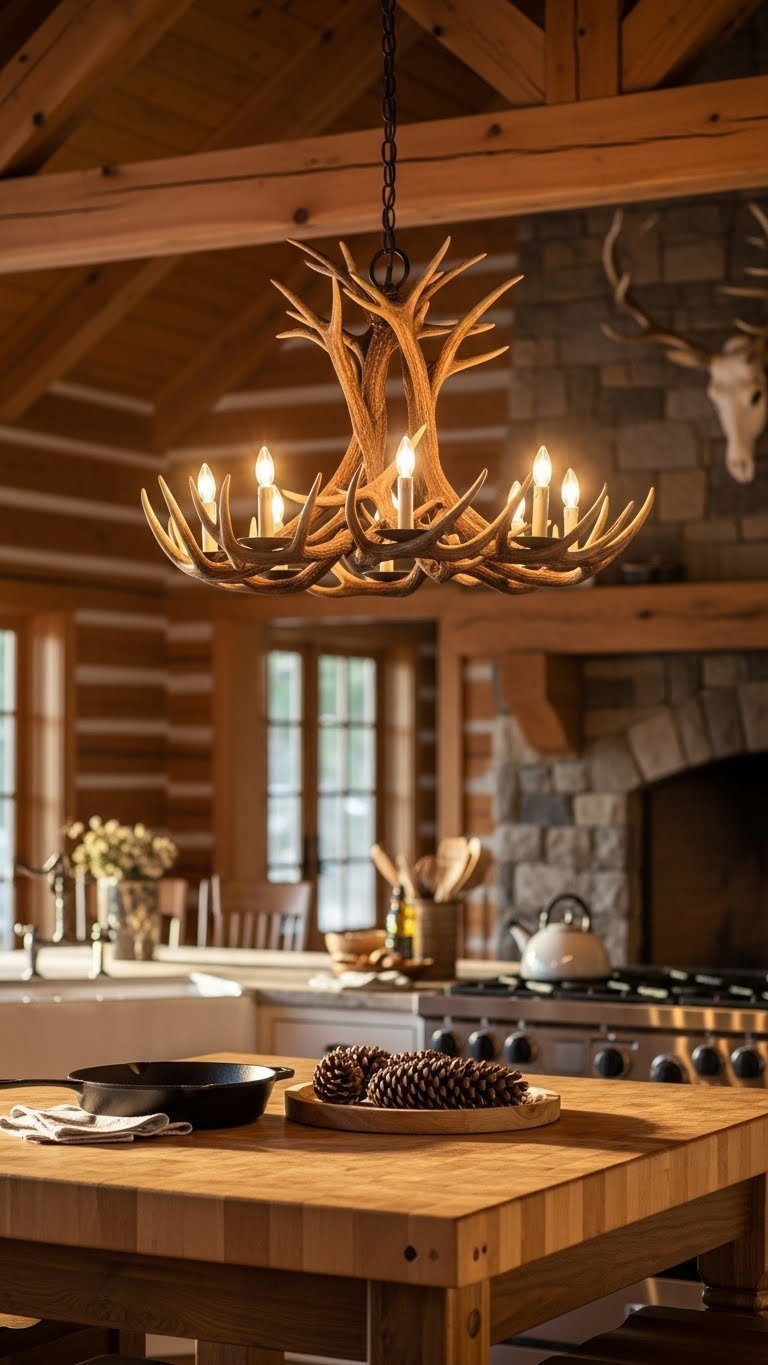 Authentic antler chandelier with candle-style lights hanging above rustic butcher block kitchen island