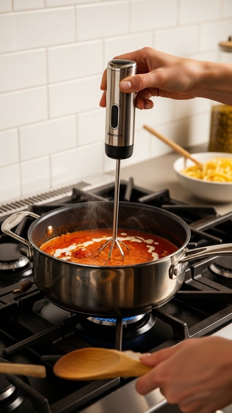 Automatic pan stirrer rotating in creamy tomato sauce on gas stovetop with wooden spoon and pasta bowl nearby