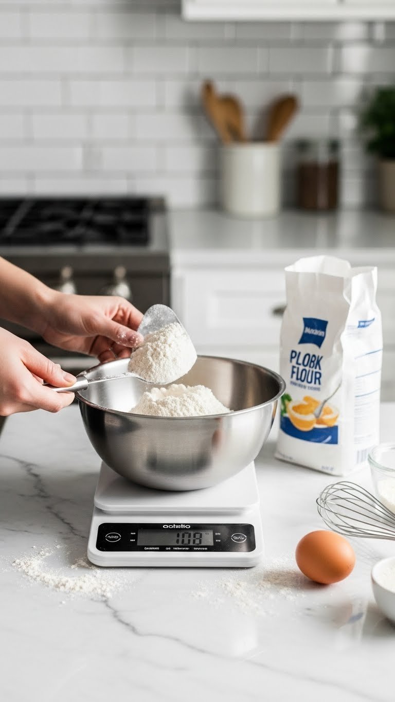 Baker's hand spooning flour into bowl on digital kitchen scale showing precise weight measurement