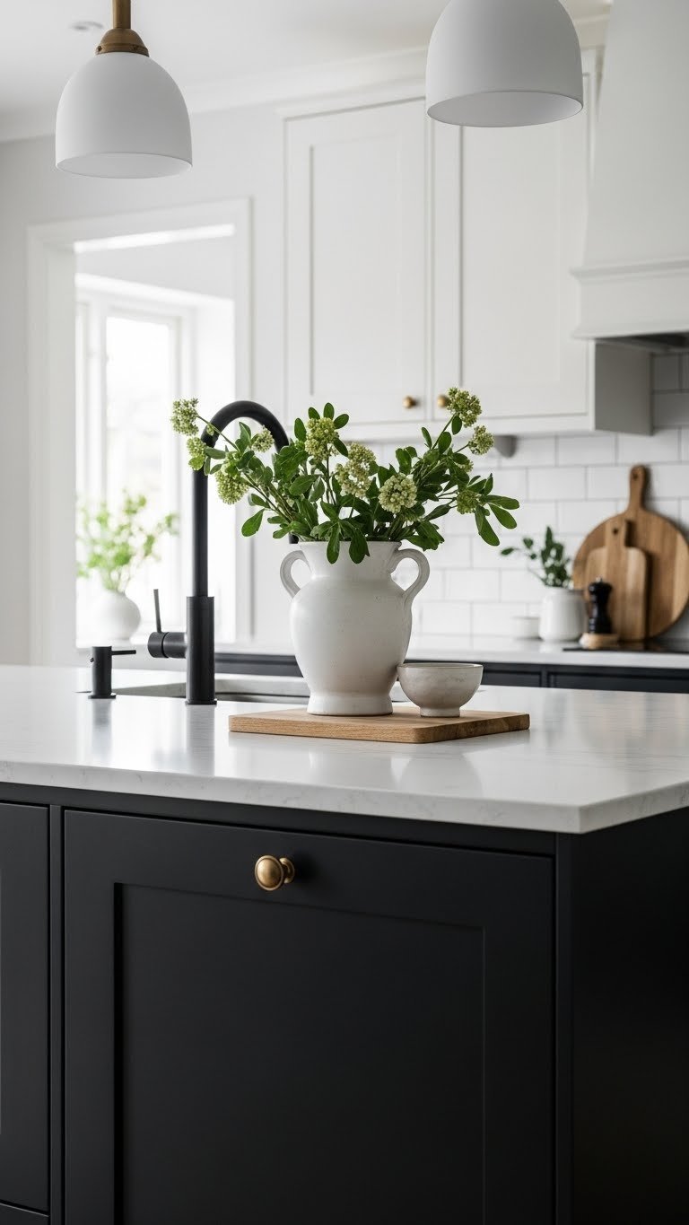 Balanced dark scandi kitchen featuring light marble countertops contrasting with dark matte cabinetry and fresh greenery.