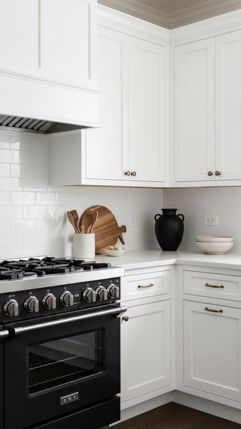 Balanced kitchen design: dark appliances, white cabinets, subtle textures, dark minimalist vase on a styled counter.