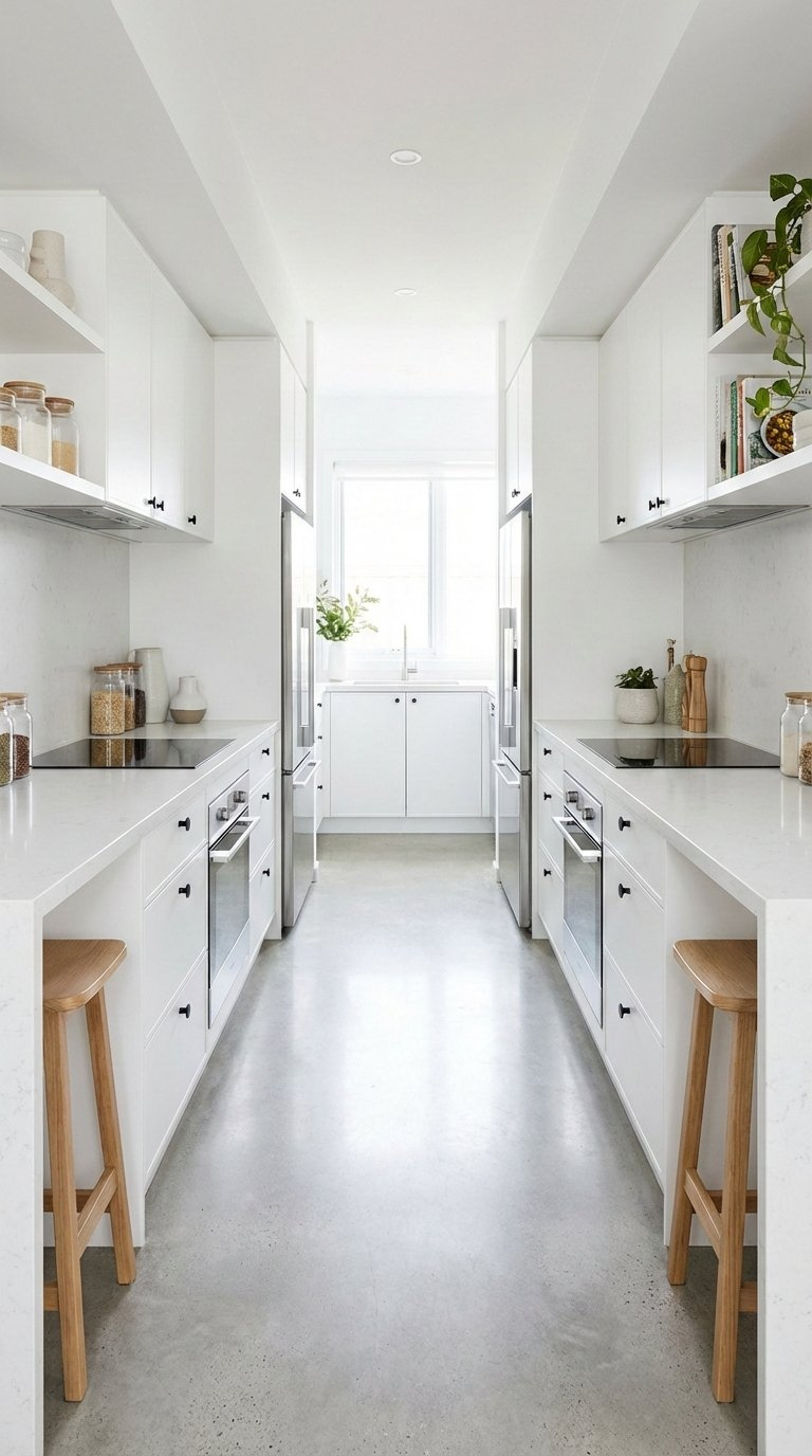 Balanced small galley kitchen with symmetrical parallel counters creating orderly corridor layout