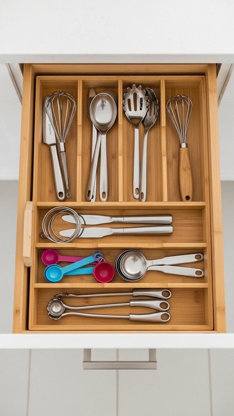 Bamboo adjustable drawer dividers organizing kitchen utensils in compartments within wooden drawer interior