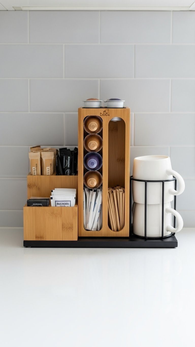 Bamboo coffee station organizer neatly holding pods and mugs on white countertop
