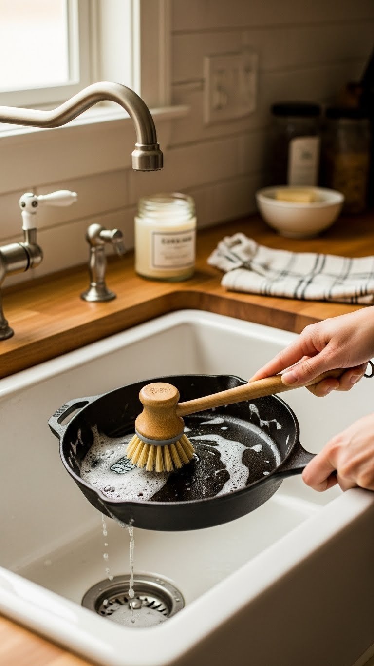Eco Friendly Kitchen Gadgets: 9 Essential Swaps For 2025 7 Bamboo dish brush scrubbing cast-iron skillet in white fireclay sink with suds and water visible