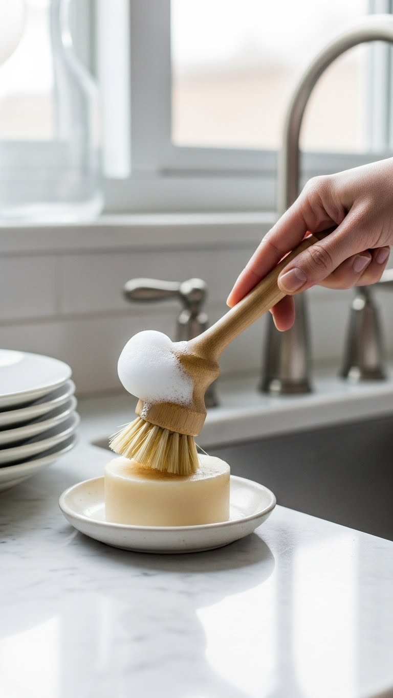 Eco Friendly Kitchen Gadgets: 9 Essential Swaps For 2025 15 Bamboo dish brush swirling on solid dish soap bar creating rich lather on marble countertop