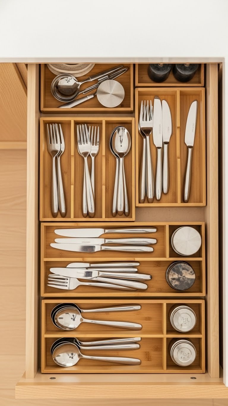 Bamboo modular drawer inserts organizing cutlery and utensils in immaculate kitchen drawer storage