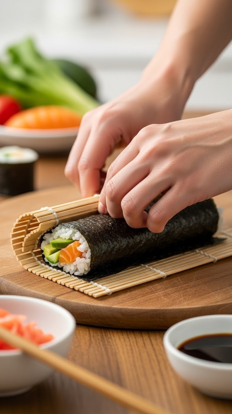 9 Smart Japanese Kitchen Gadgets For Home Cooks 12 Bamboo sushi mat rolling makizushi with fresh ingredients visible