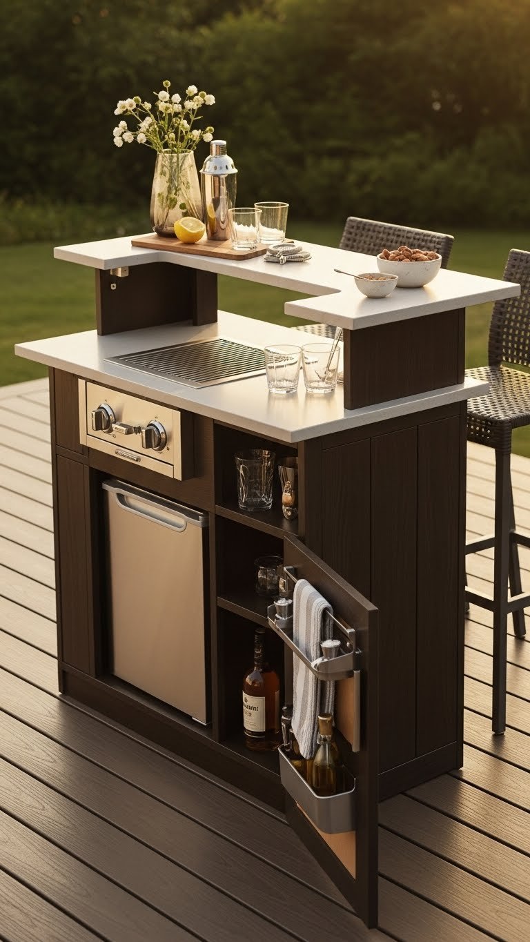 Small Outdoor Kitchen: 11 Smart Designs To Maximize Your Space 15 Bar-style outdoor kitchen with grill and storage on composite deck with cocktail accessories