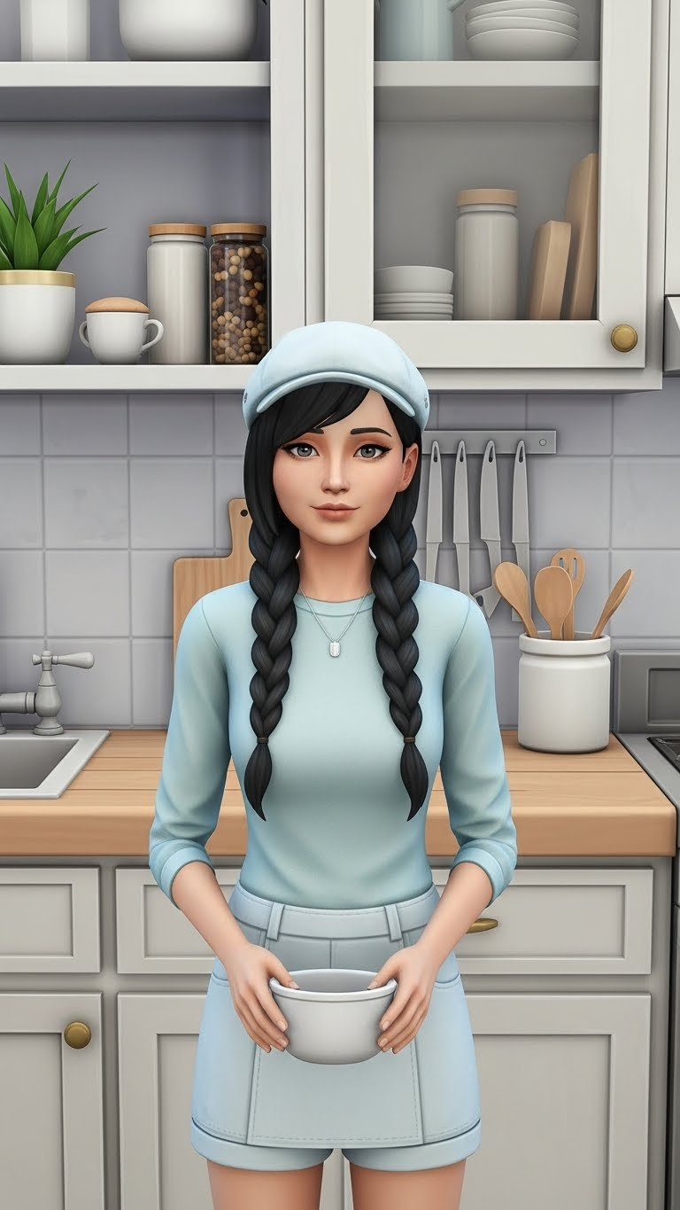 Base game Sims 4 kitchen using default assets with natural wood tones, cream cabinets, and cohesive minimalist design