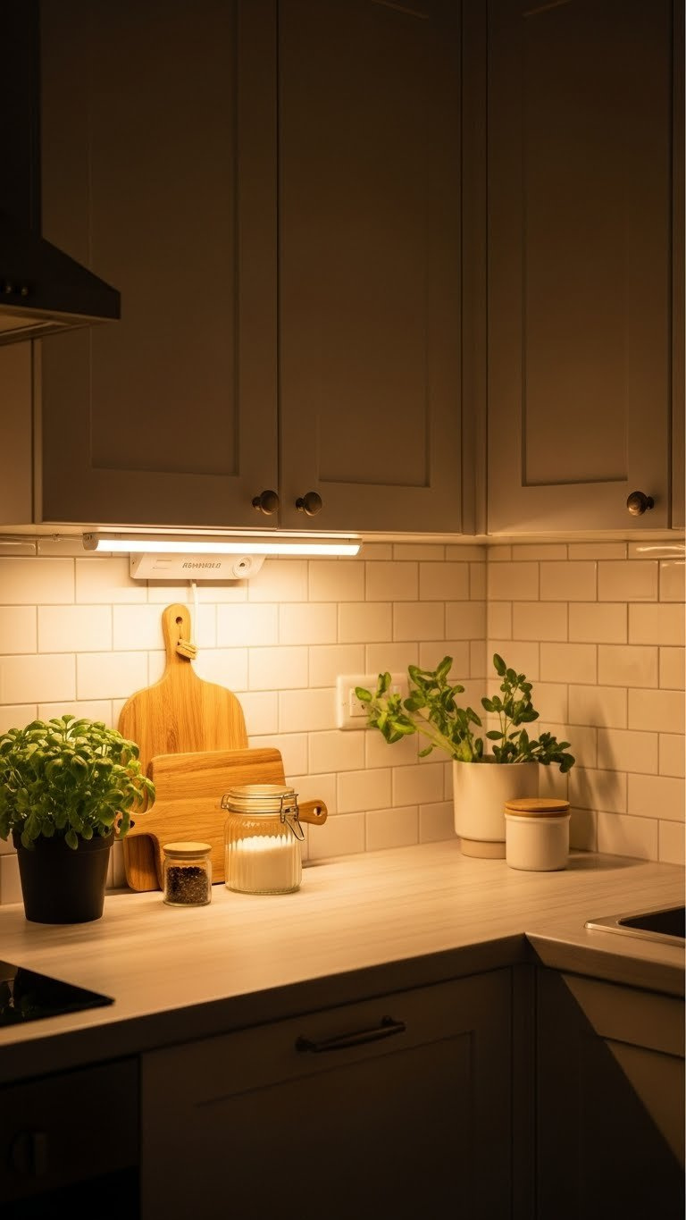 Battery-operated under-cabinet LED light strips illuminating kitchen countertop creating warm inviting glow