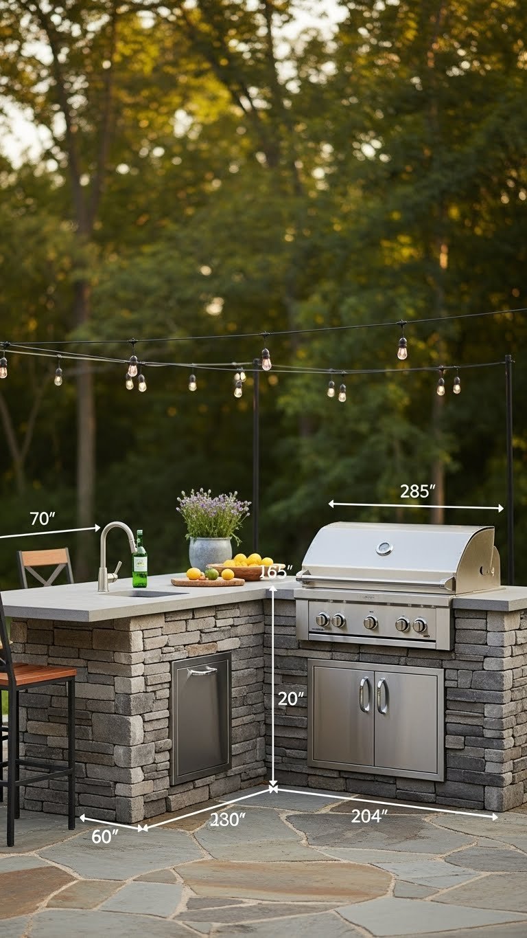 Outdoor Kitchen L Shape Complete Planning And Design Guide 3 Beautiful L-shaped outdoor kitchen with stacked stone and concrete countertop featuring built-in stainless steel grill on flagstone patio
