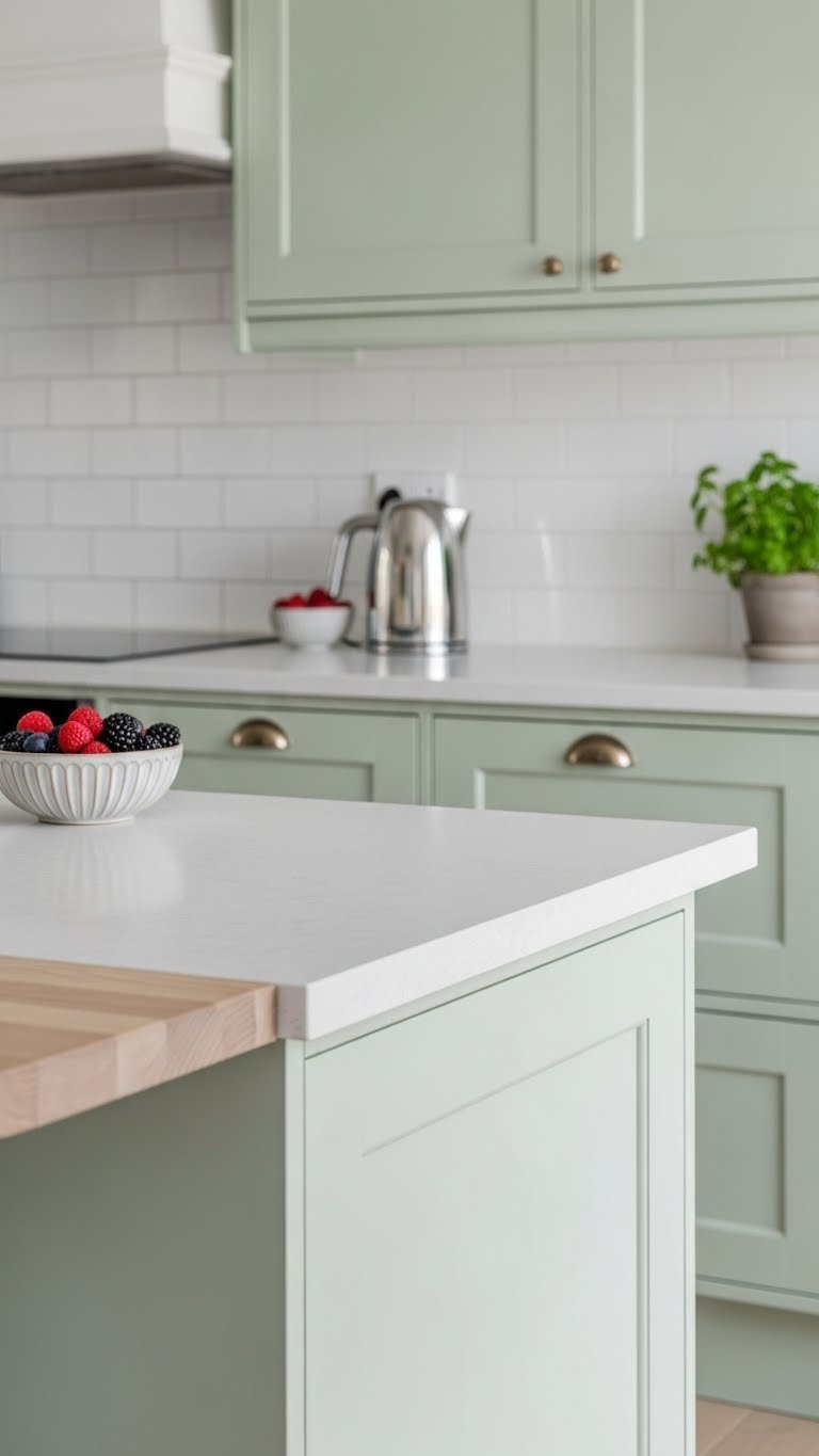 Beautiful light green cabinets paired with durable white quartz countertops in Scandinavian kitchen