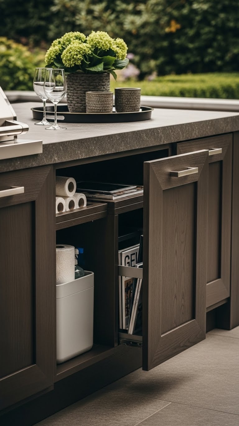 Beautiful outdoor kitchen revealing clever hidden storage compartments and discreet nooks for extra supplies.