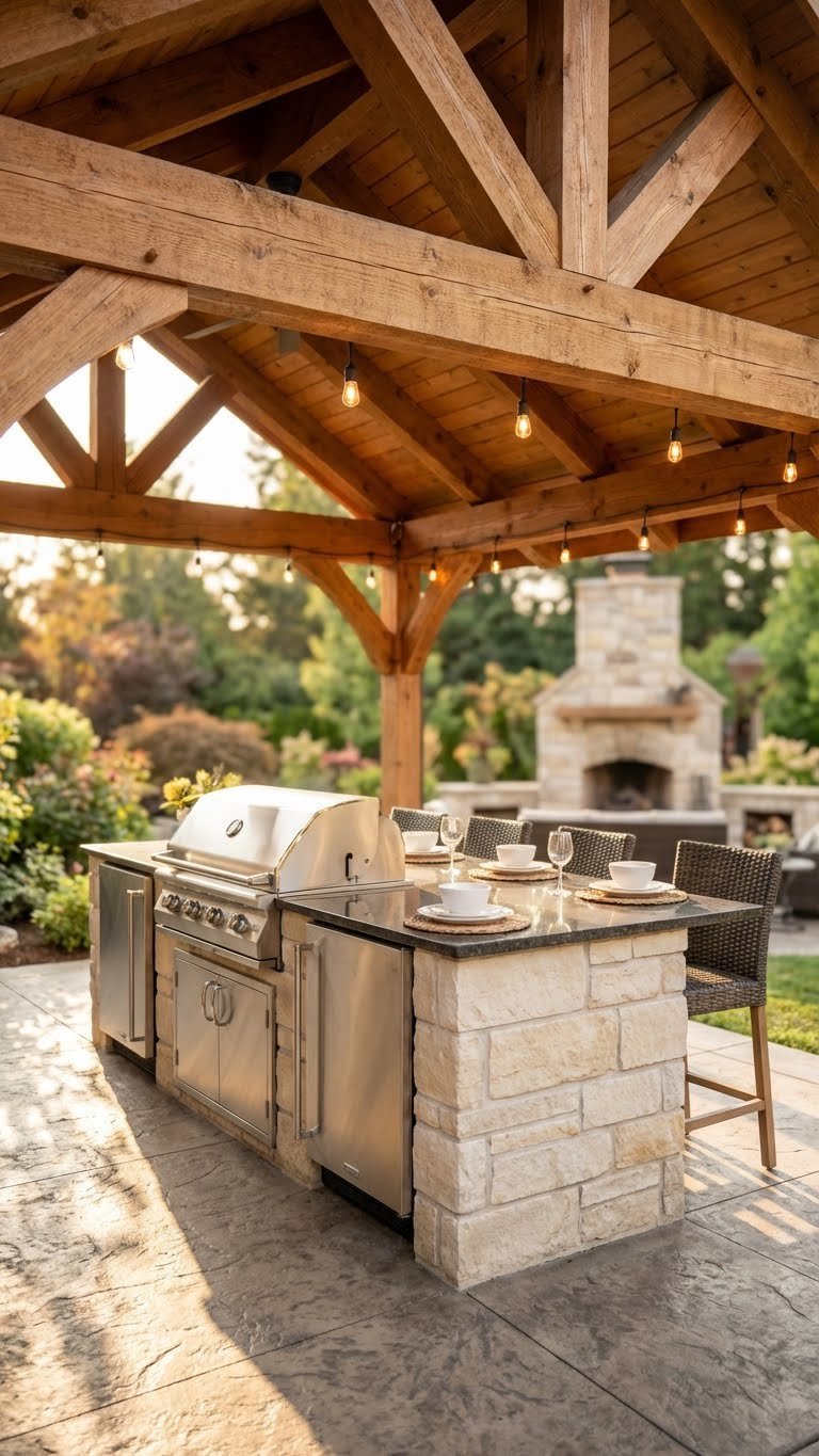 Outdoor Kitchen Enclosed Design Ideas For Year Round Use 1 Beautiful rustic cedar timber frame outdoor kitchen pavilion with stone island, built-in grill, and golden hour lighting in lush garden setting