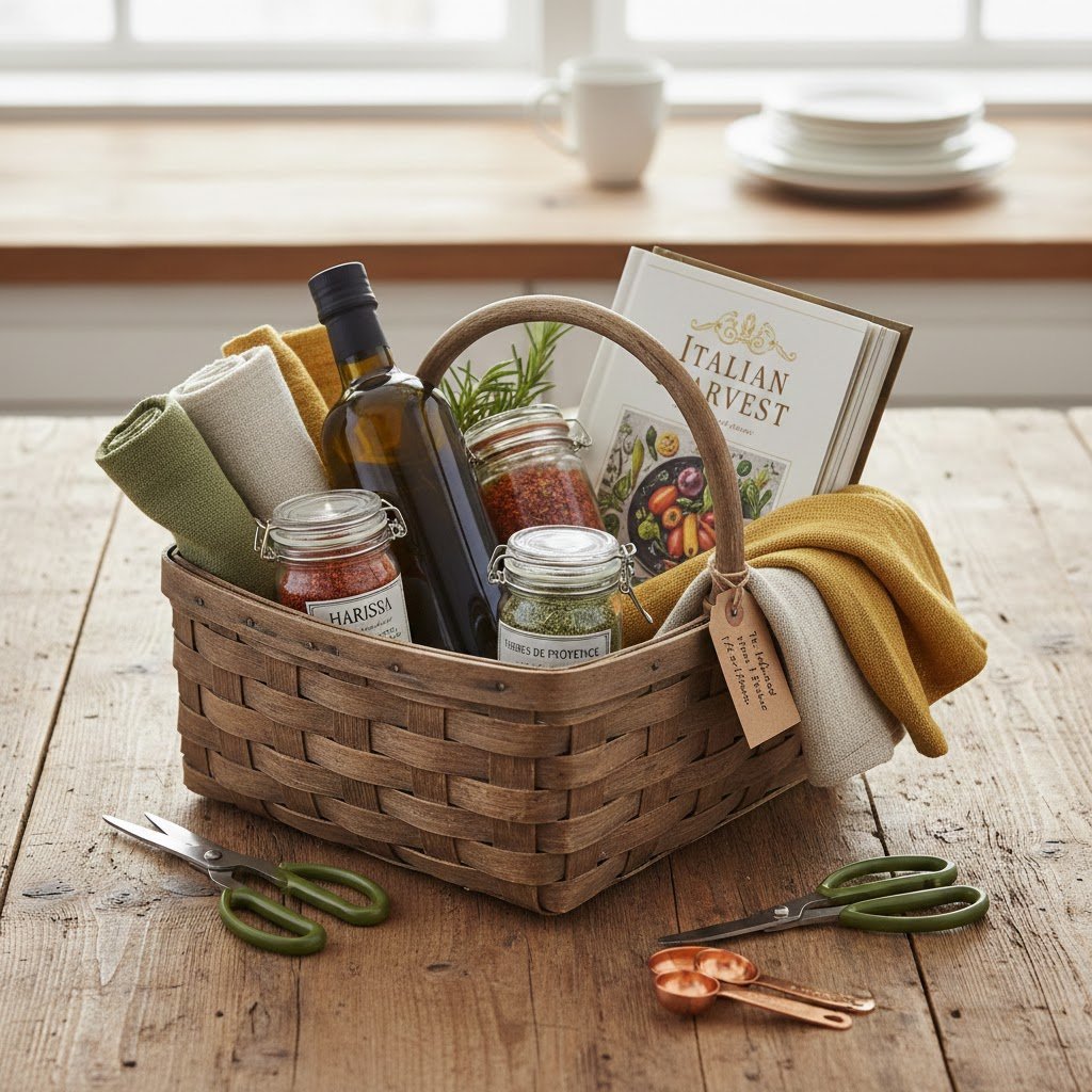 Beautifully arranged kitchen gift basket overflowing with gourmet pantry items and practical kitchen gadgets.