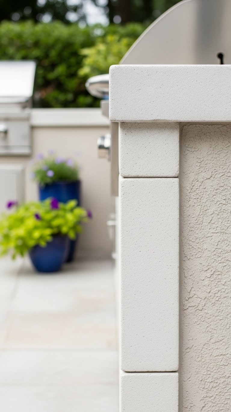 Beautifully finished DIY outdoor kitchen with smooth light-colored stucco exterior and clean lines
