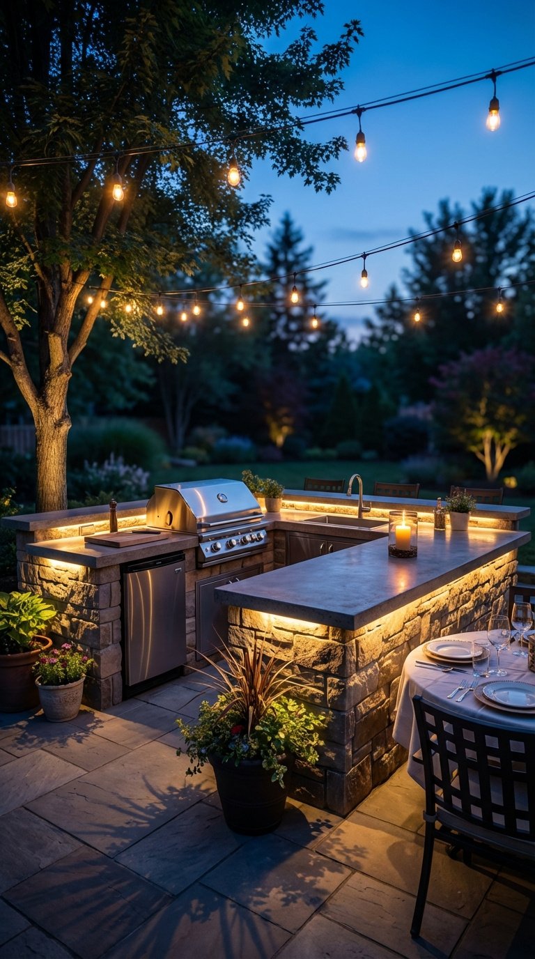 Outdoor Kitchen L Shape Complete Planning And Design Guide 13 Beautifully illuminated L-shaped outdoor kitchen at dusk with layered task, ambient, and accent lighting