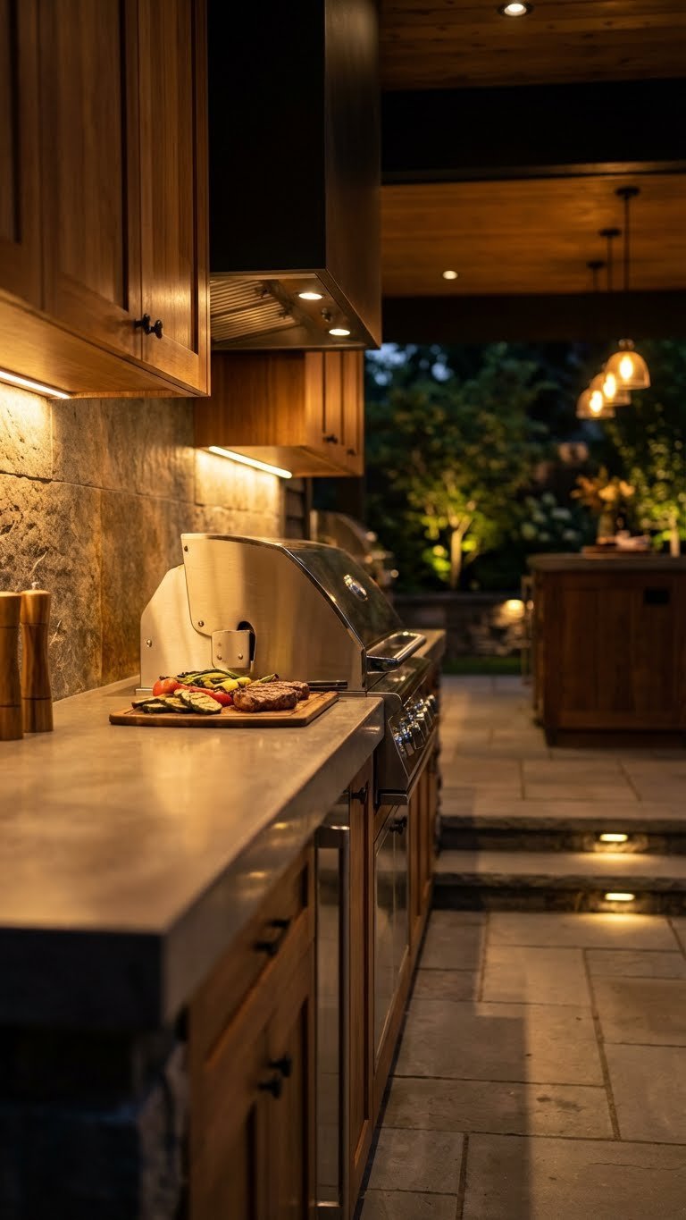 Outdoor Kitchen Villa Design Ideas For Luxury Entertaining 17 Beautifully illuminated outdoor kitchen at night with layered LED lighting and warm ambient glow in garden setting.
