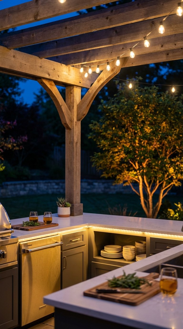 Outdoor Kitchen Entertaining Ideas Proven Tips For Homeowners 11 Beautifully lit outdoor kitchen at night with under-counter lighting, string lights, and glowing ambiance.