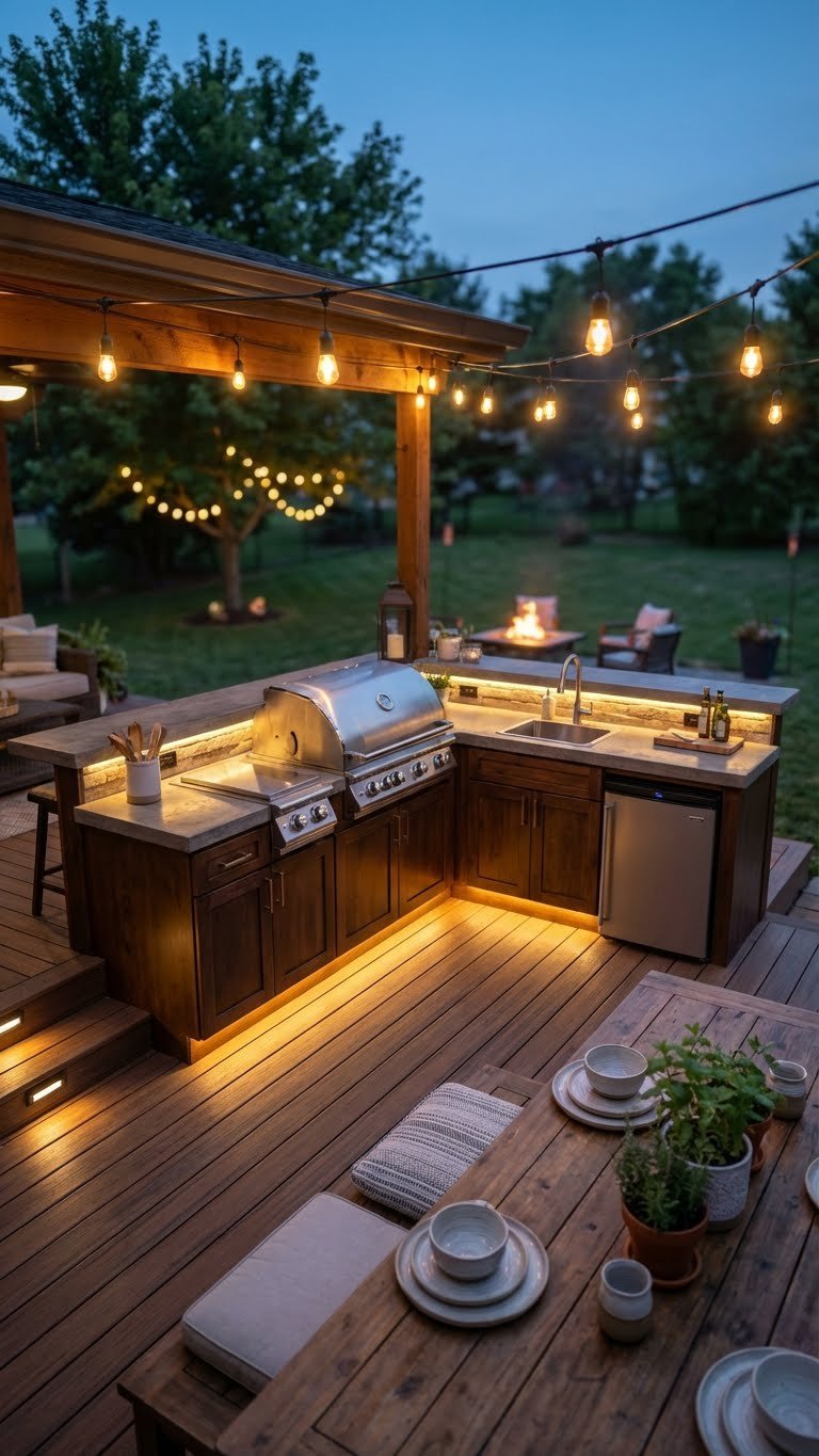 Outdoor Kitchen On Deck Planning Guide For Safe Stylish Builds 15 Beautifully lit outdoor kitchen on deck at dusk with LED under-cabinet lighting and warm twilight atmosphere