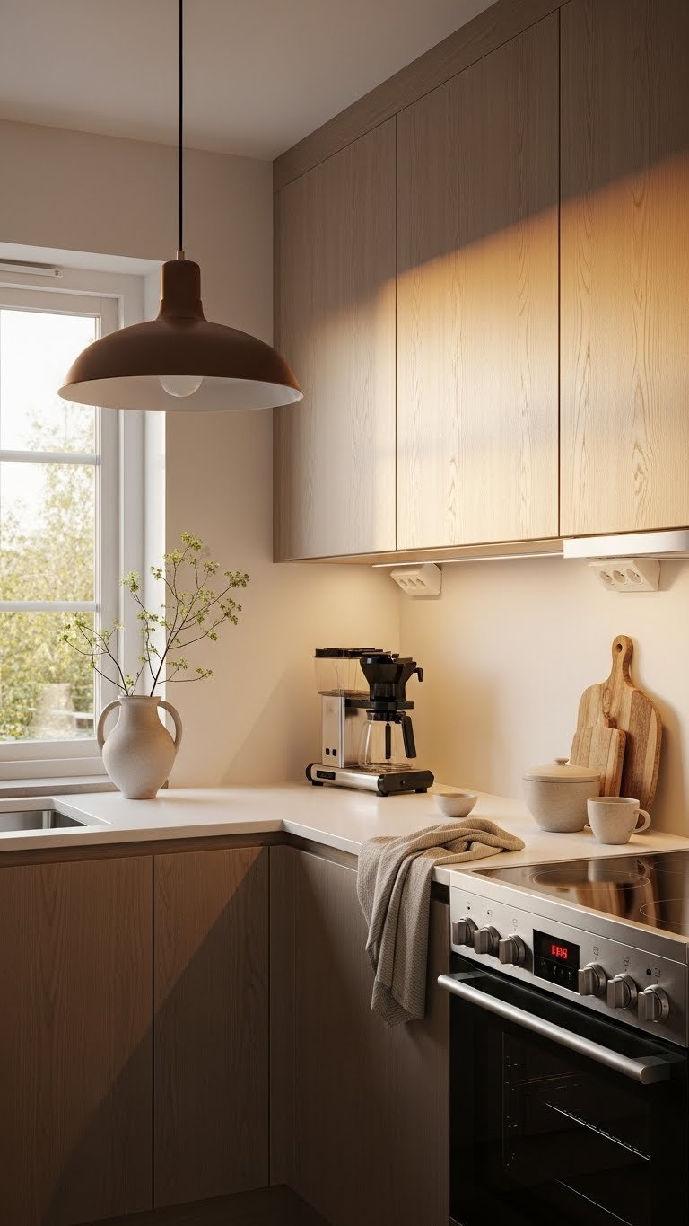 Beautifully lit scandi kitchen with pendant lighting, under-cabinet LEDs, and warm golden hour natural illumination
