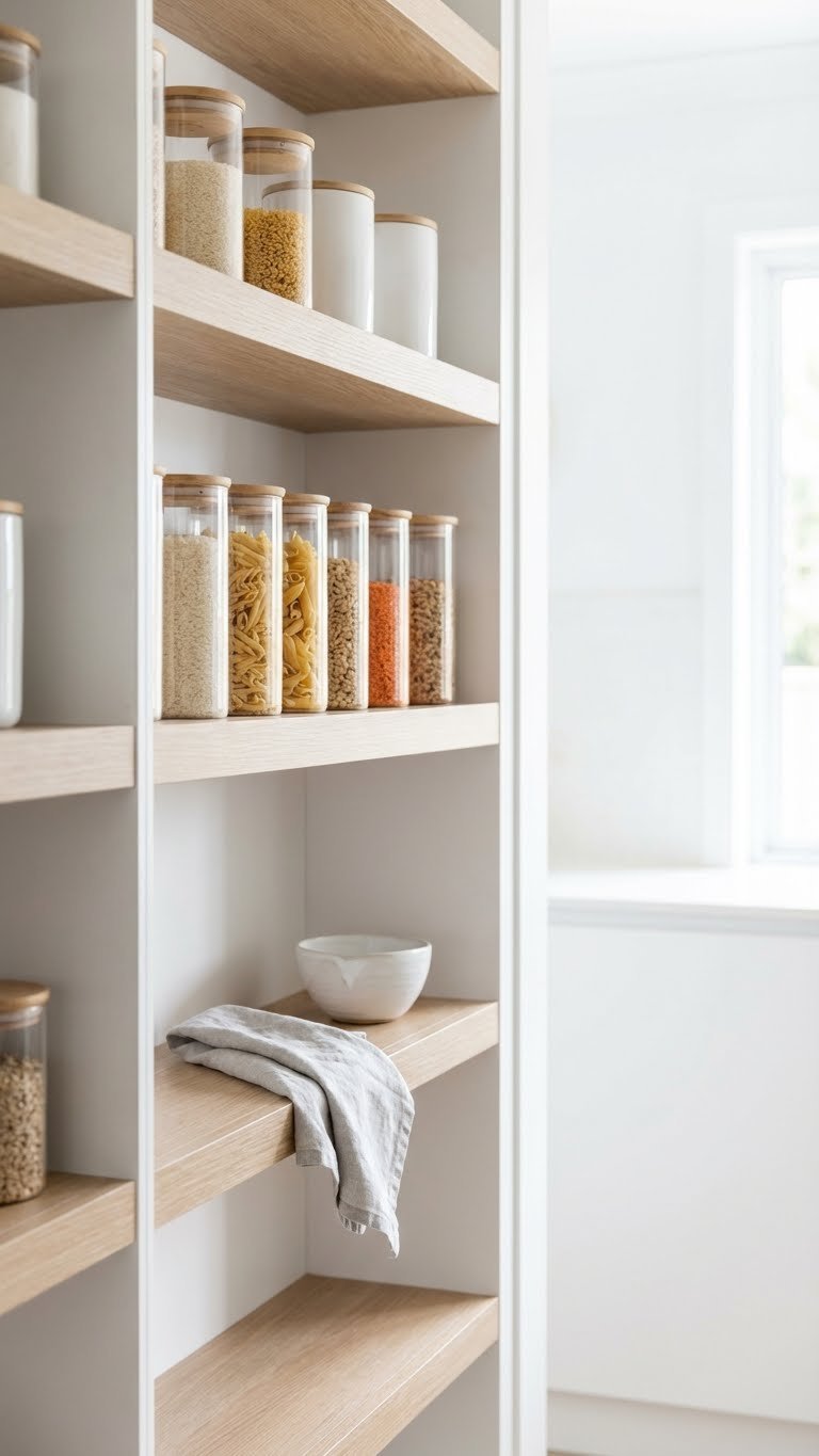 Minimalist Kitchen Pantry: 11 Smart Ideas To Organize 21 Beautifully organized minimalist kitchen pantry with serene clean lines, uniform containers, ample open space, and bright, airy lighting.