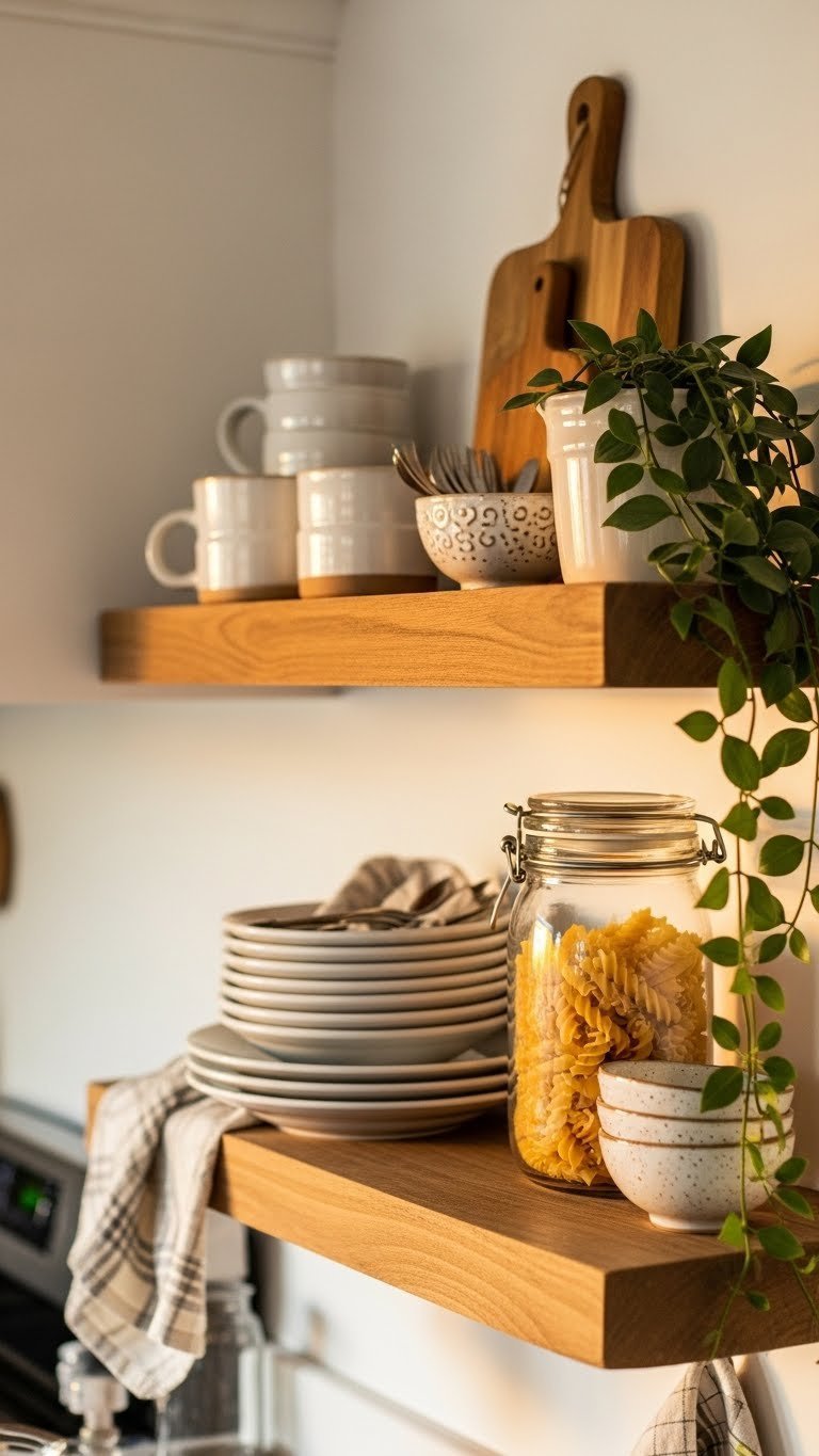 Beautifully styled rustic kitchen floating shelves with ceramic plates and decorative elements