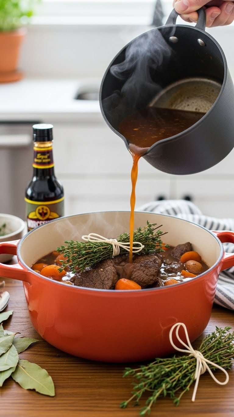 The Secret To A Melt In Your Mouth Venison Stew Recipe 7 Beef broth poured into Dutch oven with herbs and vegetables