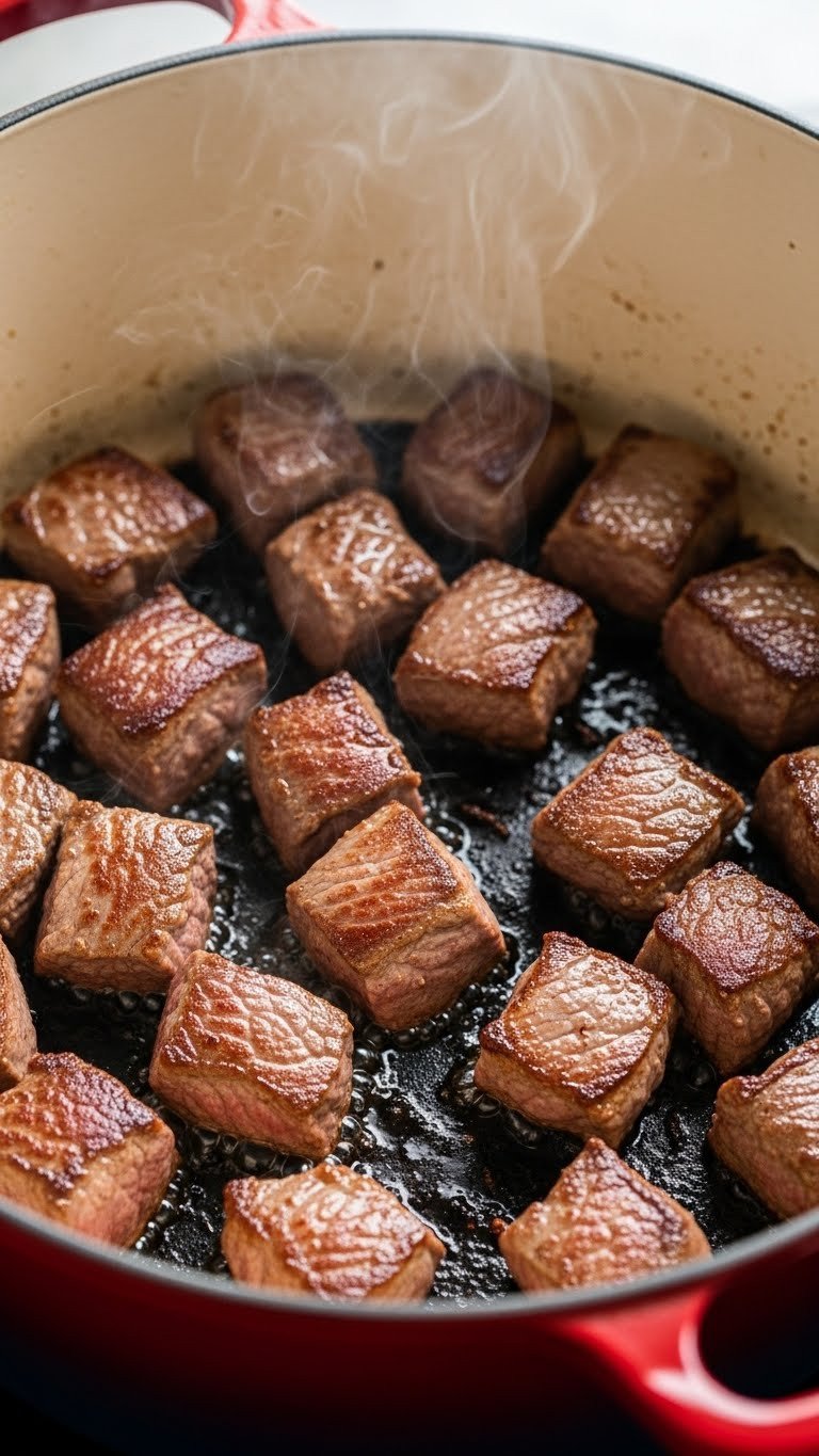 The Failproof Best Beef Stew Recipe For Cozy Dinners 3 Beef cubes searing in colorful enameled cast iron Dutch oven