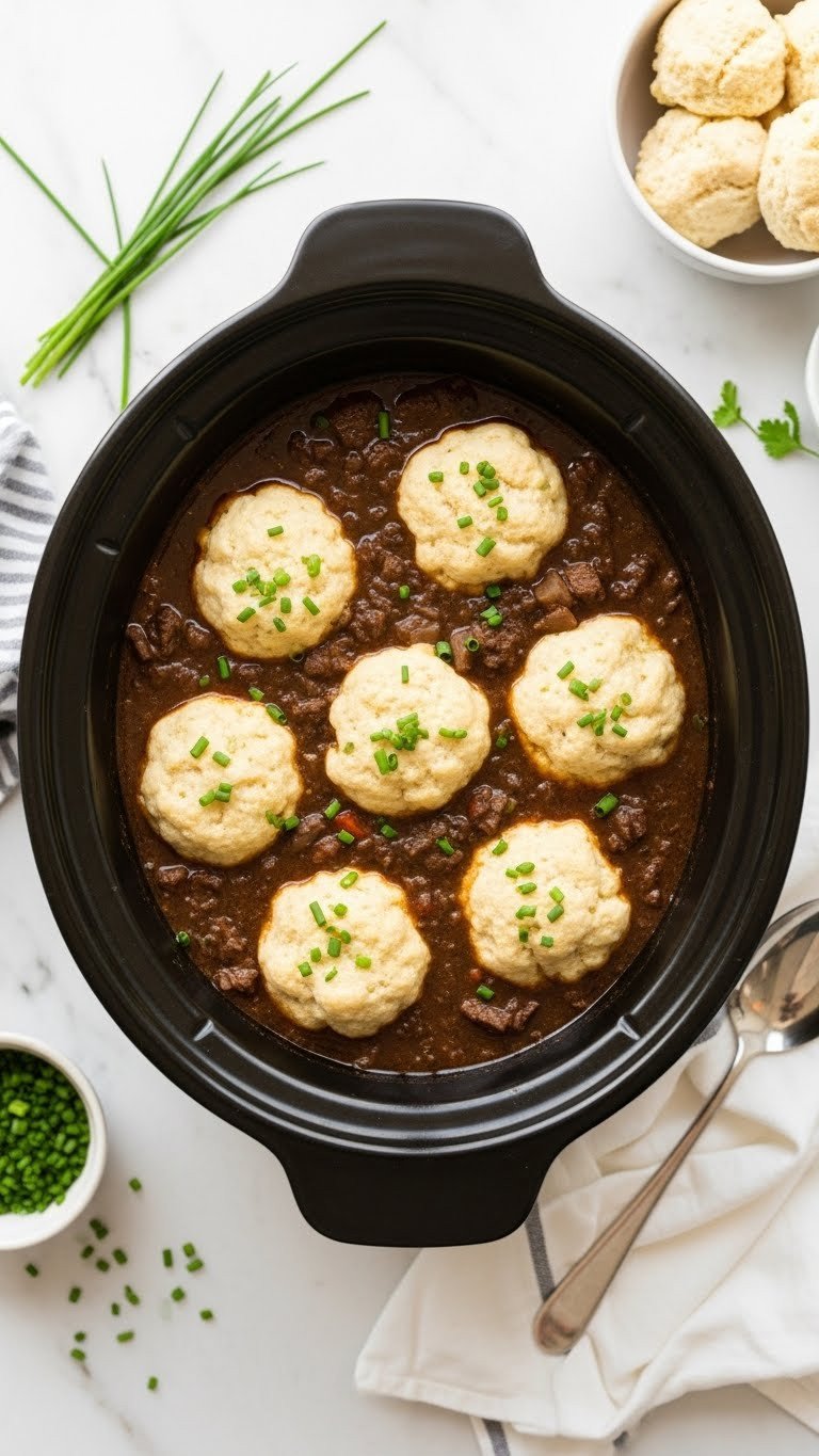 9 Easy Beef Stew Crock Pot Recipes For Cozy Family Dinners 5 Beef stew with fluffy herb dumplings in a crock pot on a marble countertop