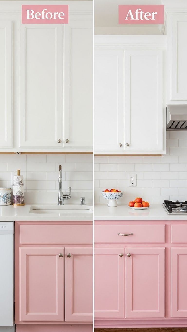 Proven Pink Small Kitchen Ideas: 9 Ways To Maximize Space 13 Before and after transformation of small kitchen from outdated to modern pink and white cabinets.
