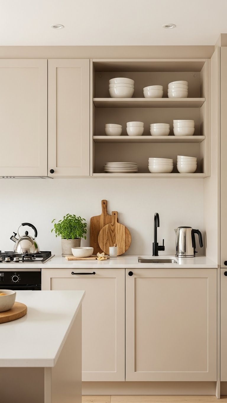 Beige kitchen with ceiling-height cabinetry and minimalist open shelving displaying organized ceramics and wood cutting boards